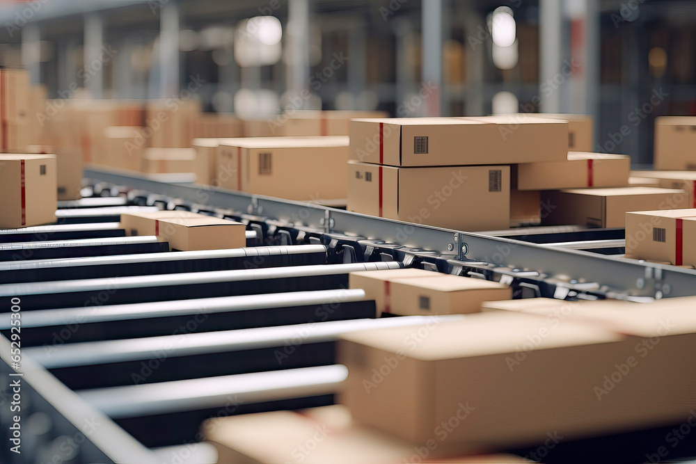 A conveyor belt with boxes in a warehouse
