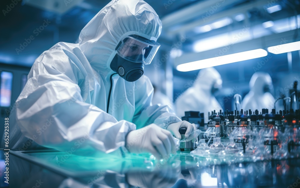 A man in protective clothing working on a chemical production line. Generative AI A man in protective clothing working on a chemical production line. Generative AI