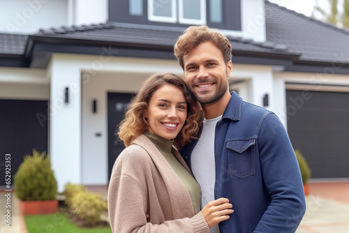 A couple standing in front of a beautiful house