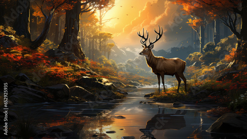 Beautiful deer in the forest with river