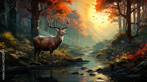Beautiful deer in the forest with river © JKLoma