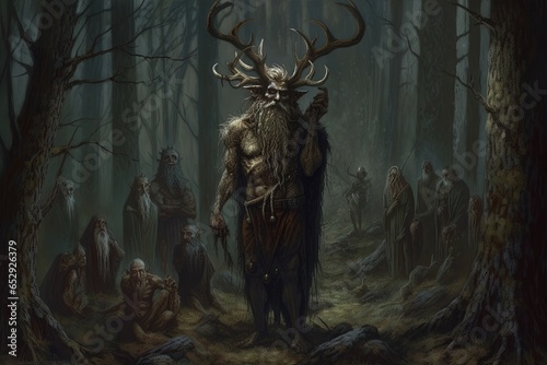 Antlered person with followers in a dark forest