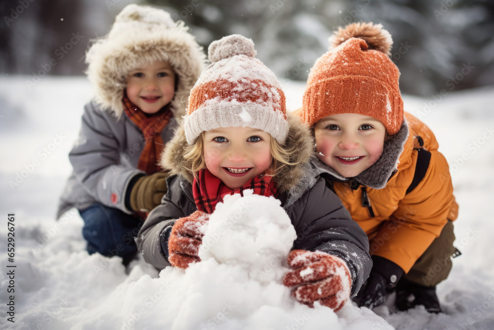 The children build a snowman in the backyard of the house. The children build a snowman in the backyard of the house.