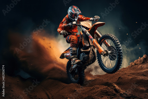 Motocross racer performing on a dirt track.
