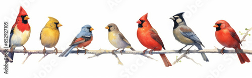 Bird set watercolor illustration. Red cardinal, eastern bluebird, goldfinch, robin, wren
