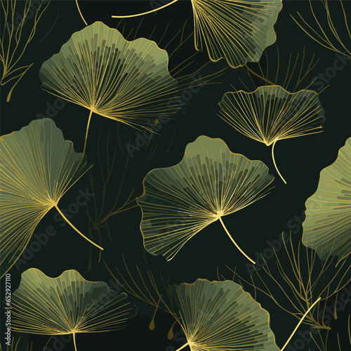 Seamless pattern of golden gingko leaf. An endless pattern of green leaves. For wrapping paper. Ideal for wallpaper, surface textures,