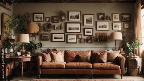 Living room, a gallery wall with a mix of artwork and personal photos