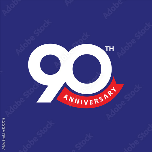 90 years anniversary template design with red ribbon on blue background. 90th anniversary celebration event, invitation card, greeting card, banner, poster, flyer, birthday wishing Vector Template
