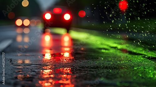 Wet asphalt road with cars in the city lights. Automobiles drive along the lanes of the roadway. Illustration for banner, poster, cover or presentation.