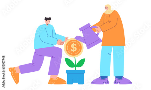 Couple watering plant grow money coin concept of investment management invest growth