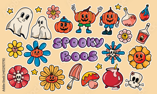 Vector groovy retro Halloween set with funny cartoon characters, Pumpkins, skulls, ghosts, flowers with faces