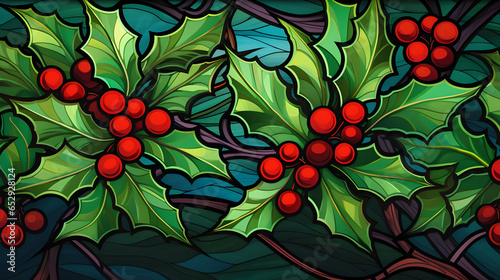 Christmas Holly Illustration with Red Berries - Stained Glass Painted Texture - Generative AI
