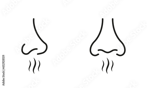 Human Nose Smells Linear Symbol Collection. Nasal Odor Sniff Pictogram. Nose Loss Sense, Smell, Scent Line Black Icon Set. Bad Aroma, Breath Air Outline Signs. Isolated Vector Illustration