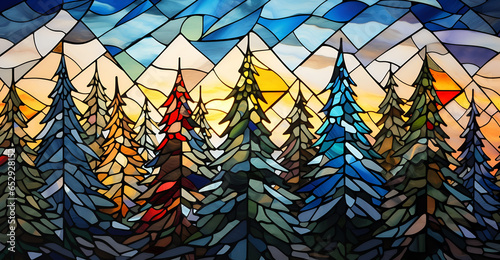Stained Glass Pine Forest Landscape - Digital Illustration- Generative Ai