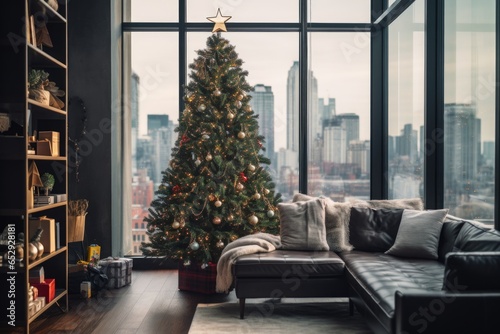 Interior of a modern and contemporary living room in an apartment with a Christmas tree decorated for Christmas and the new year holiday