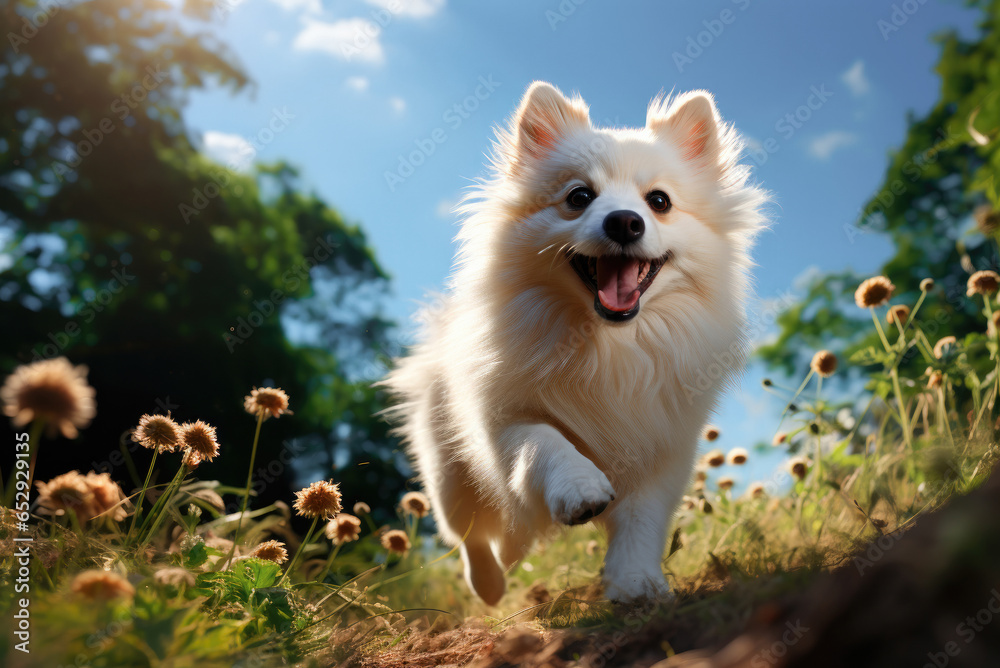Happy dog white pomeranian runs in the summer on the grass, walking in the fresh air