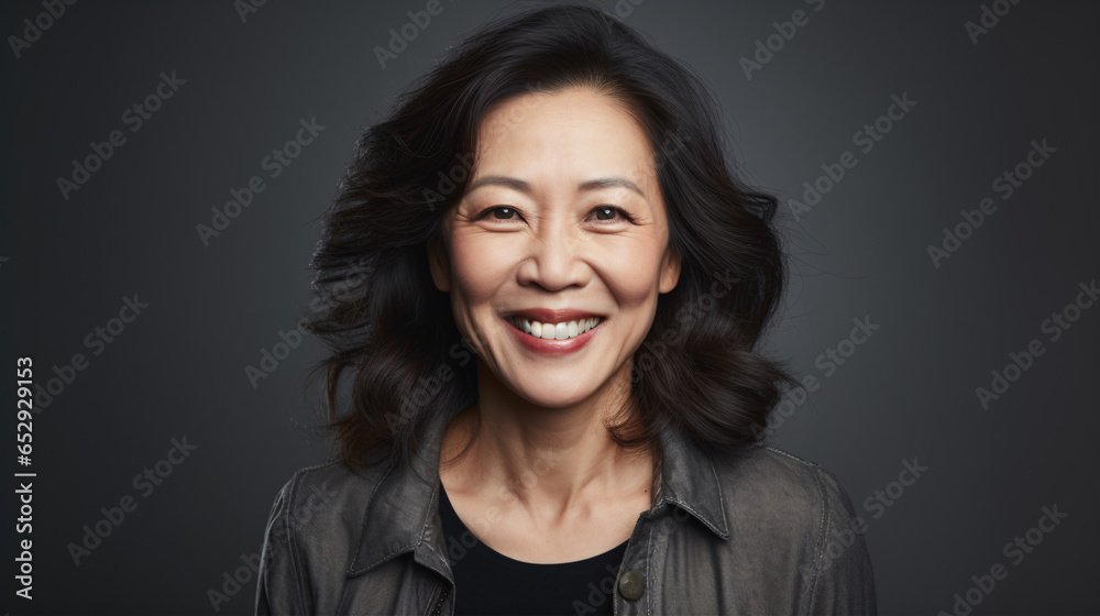 Fototapeta premium Within the confines of a studio, a beautiful Asian woman's smile lights up the frame..