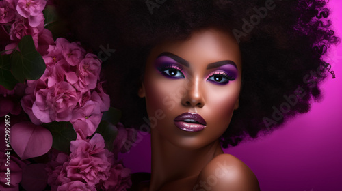 Behold the striking beauty of an African American lady in this portrait  accentuating her afro hairstyle and captivating makeup..