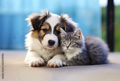 Kitty and puppy together. Cute, calm and sad
