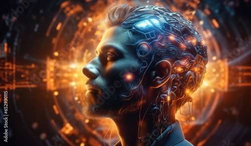 Futuristic portrait showcasing the harmony between humans and technology photo