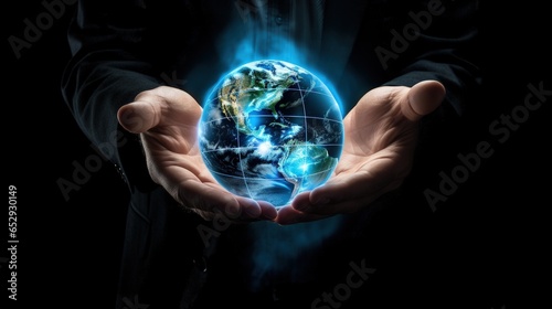 Businessman holding planet earth in his hand, technology and business concept. Generative AI