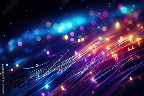 Fiber optic ethernet network cable illustration with neon lights, bokeh background. Generative AI