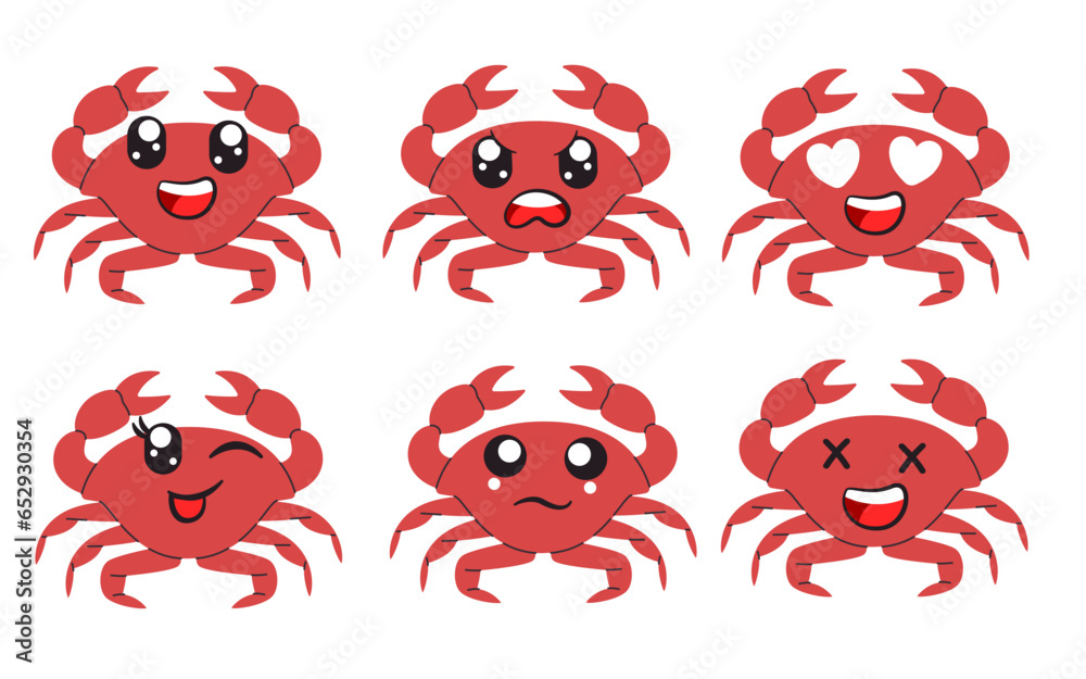 Fototapeta premium Crab cartoon face expression cartoon smile wink sad face expression set collection sea creature marine
