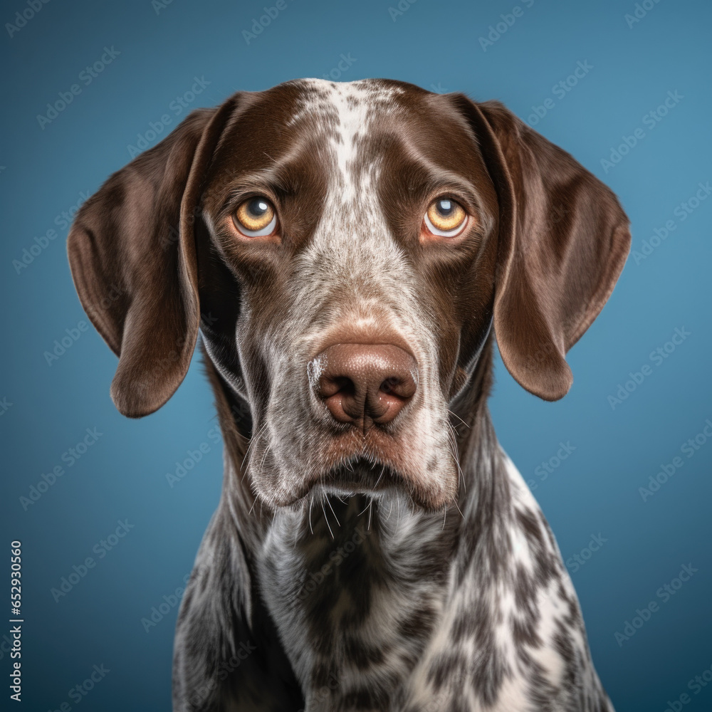portrait studio d'une tête de chien de race en gros plan, arrière plan uni bleu
