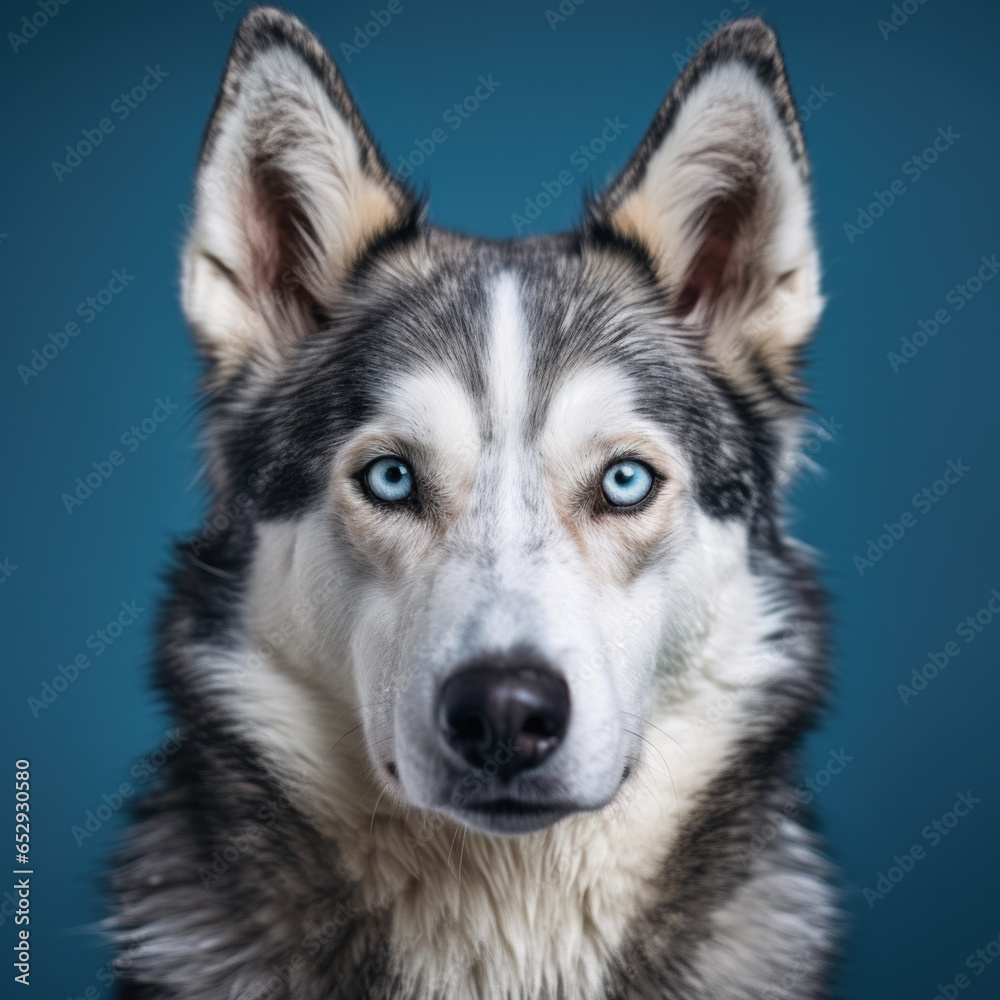 portrait studio d'une tête de chien de race husky en gros plan, arrière plan uni bleu