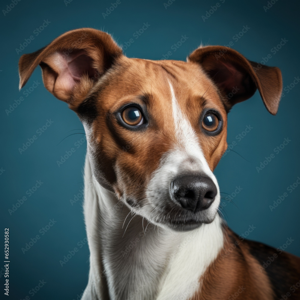 portrait studio d'une tête de chien de race fox terrier en gros plan, arrière plan uni bleu