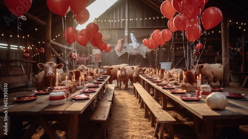 Create a rustic barnyard birthday celebration with balloons resembling farm animals, a cake adorned with barn motifs, and candles that resemble miniature lanterns.