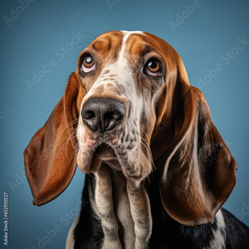 portrait studio d'une tête de chien de race basset hound en gros plan, arrière plan uni bleu