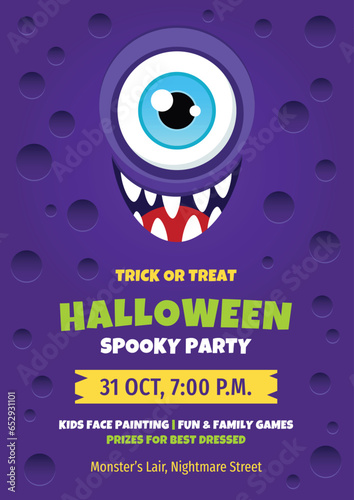 Halloween party invitation template. Bright cartoon background with a funny monster. Vector 10 EPS.