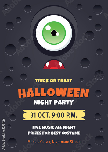 Halloween party invitation template. Bright cartoon background with a funny monster. Vector 10 EPS.