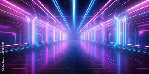 Transport yourself to the future with a long corridor bathed in neon fluorescence against a cyber-style background