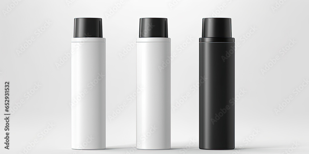 Blank cosmetic packaging mockup: tube, spray, bottle with press pump.