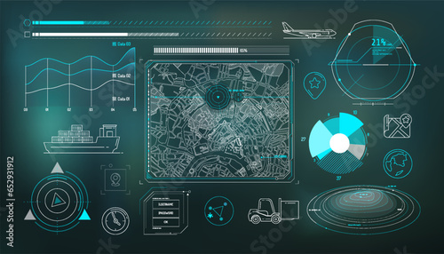 Set of infographic elements about geolocation and cargo transportation.