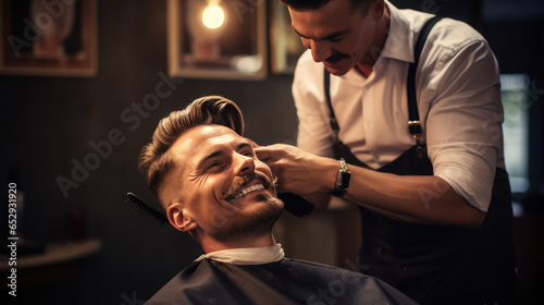 A male barber with a beautiful mustache cuts a customer's hair