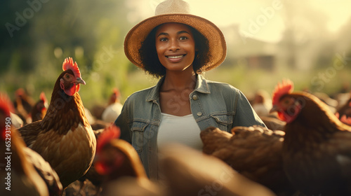 agriculture and black woman with chicken in the farm