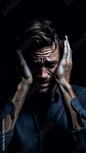 imagine a man in holding his head on dark background