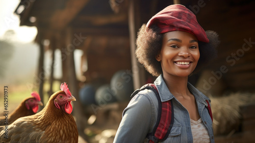 Foto agriculture and black woman with chicken in the farm