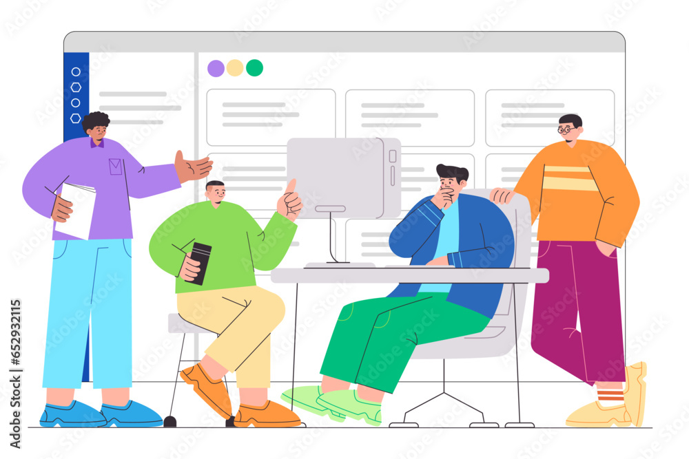 Team work agile project planning task list project management kanban board behind colorful flat line illustration of coworker in workplace Team work agile project planning task list project management kanban board behind colorful flat line illustration of coworker in workplace