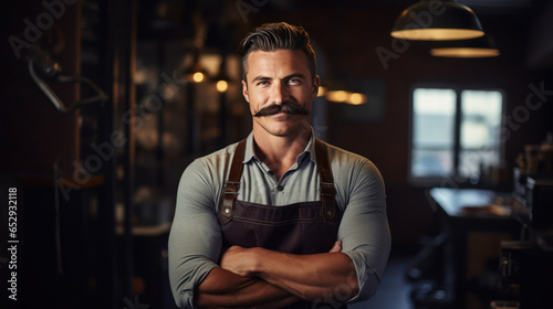 Male barber with a beautiful mustache standing in barbershop