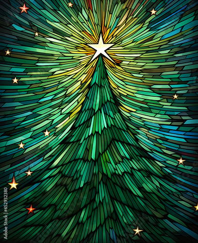 Stained Glass Christmas Tree with Star Illustration in Deep Emerald Green - Generative AI