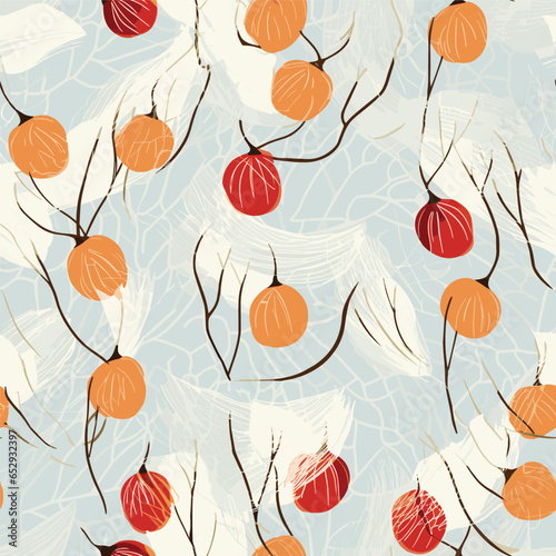 Seamless winter cherry abstract pattern. Physalis vector illustration. Textile, fabric design