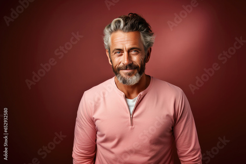 Smiling handsome elderly man on a red pink background