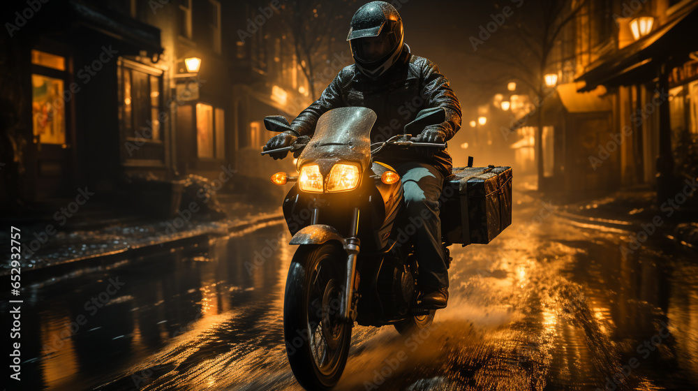 An urban scene showing a motorcycle rider navigating through city streets, embodying the excitement and energy of urban exploration.  A package distributor