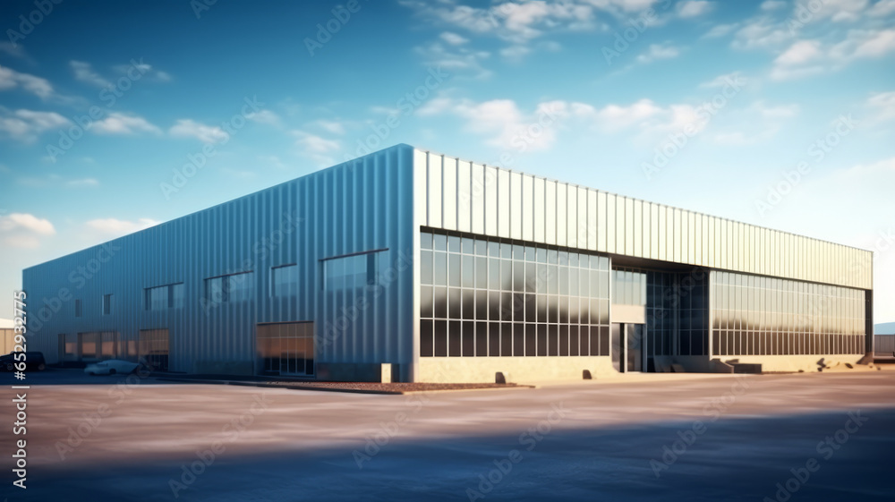 Industrial hangar. Warehouse building exterior. Industrial building under blue sky.