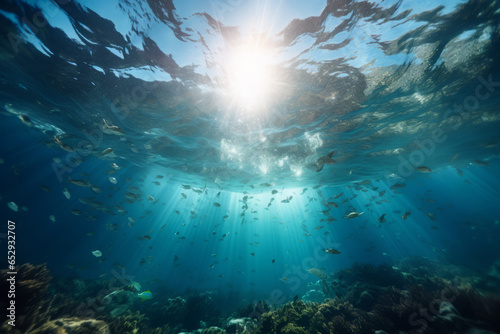 An underwater photo of the ocean with sunlight coming into the water and lots of fish.