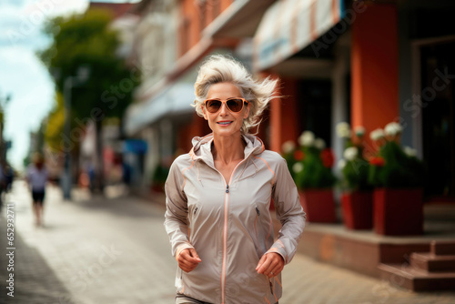 Elderly woman with gray hair takes a morning jog in the city on the street